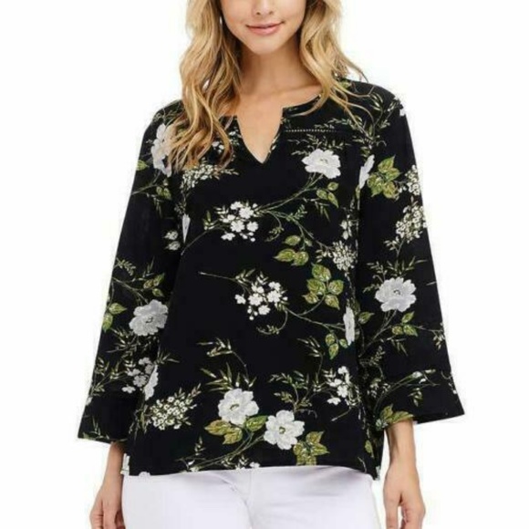 Fever Womens Blouse Top Black Multi-Color Floral - Picture 3 of 4